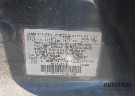 2015 Nissan Versa 1.6 S+ from USA, damaged, VIN 3N1CN7AP1FL927610